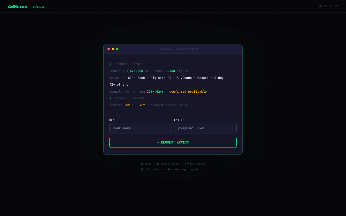 Screenshot of AdRecon homepage showing the terminal-style access request card with live scan counts