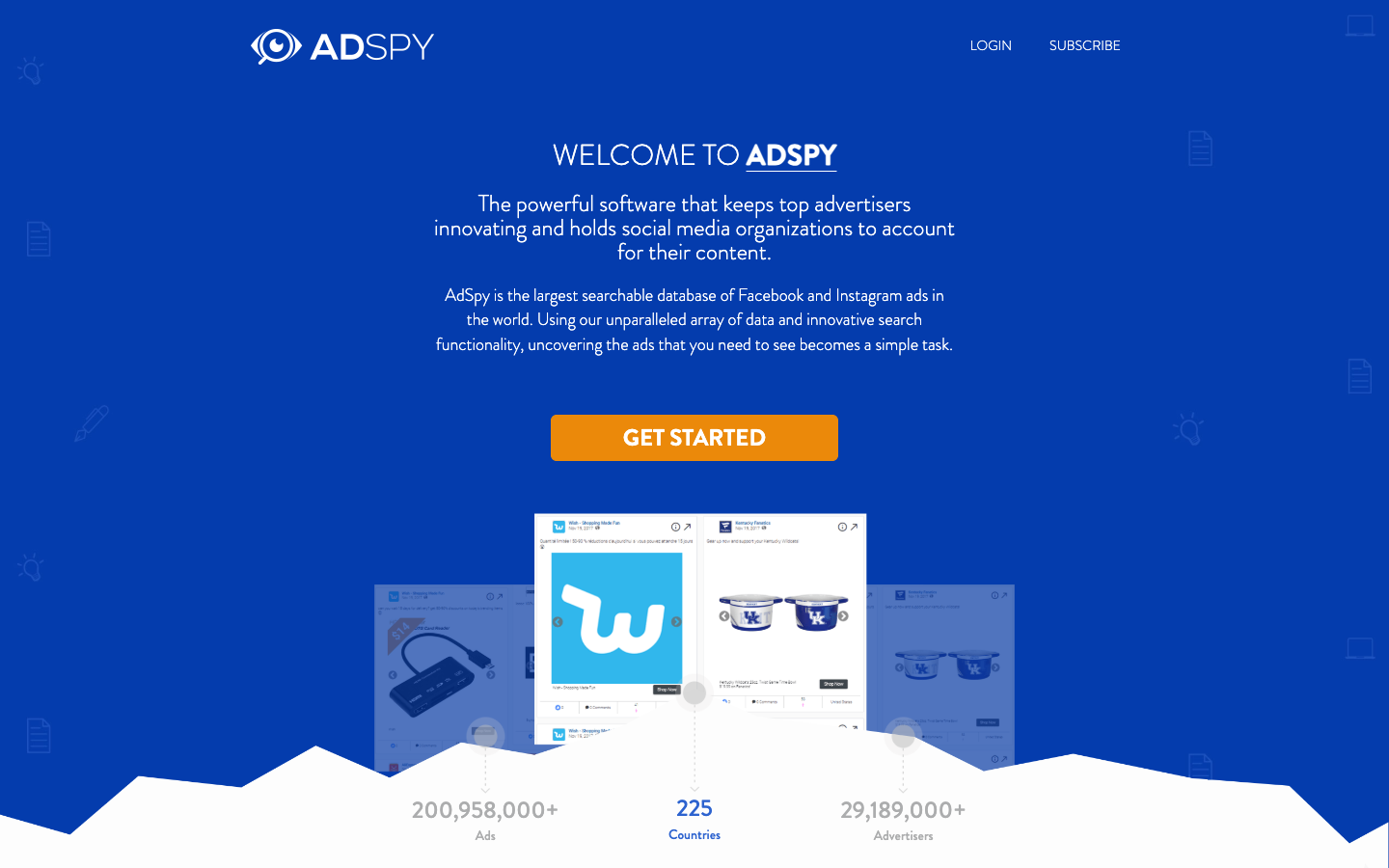 Screenshot of AdSpy homepage showing welcome tagline, get-started CTA, and 200,958,000+ ads claim